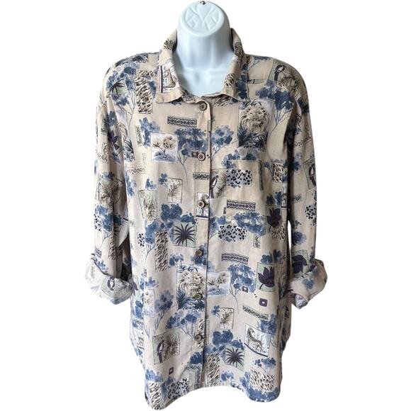 Tcp & Co Animal Print Button Shirt Beige Blue Safari Wildlife Vintage 90s - Picture 1 of 6